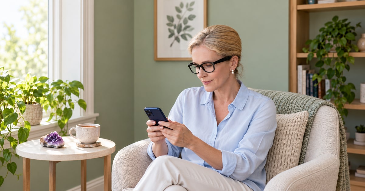 A woman checking a psychic app on her smartphone in a bright reading corner.