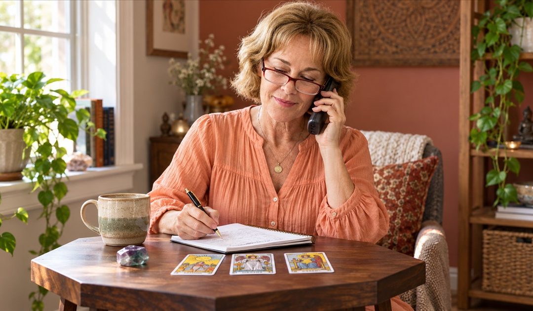 A reader taking notes during a phone conversation beside tarot cards on a walnut table.